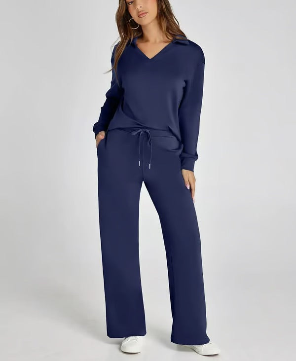 Damen Zweiteiliges Set mit V-Ausschnitt Sweatshirt und Weite Hose – Bequem & Stilvoll – Für Herbst/Winter