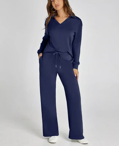 Damen Zweiteiliges Set mit V-Ausschnitt Sweatshirt und Weite Hose – Bequem & Stilvoll – Für Herbst/Winter