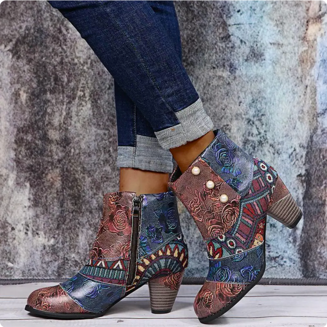Dames Patchwork Enkellaarzen met Hak - Kleurrijk en Trendy