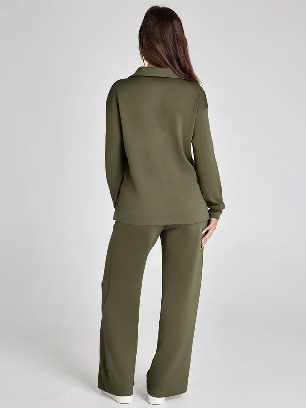 Damen Zweiteiliges Set mit V-Ausschnitt Sweatshirt und Weite Hose – Bequem & Stilvoll – Für Herbst/Winter