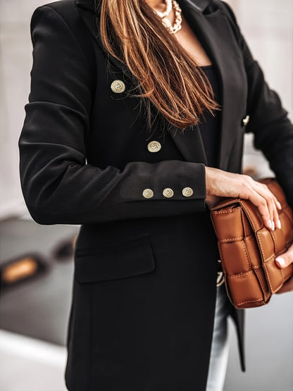 Lange Elegante Damesblazer met Dubbele Knoopsluiting – Zakelijke Stijl voor Elk Seizoen