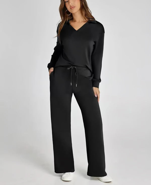 Damen Zweiteiliges Set mit V-Ausschnitt Sweatshirt und Weite Hose – Bequem & Stilvoll – Für Herbst/Winter