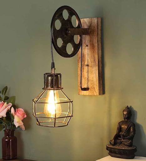 Retro Wall Lamp in Industrial Style – Vintage Lamp Made of Wood and Metal for Rustic Interiors