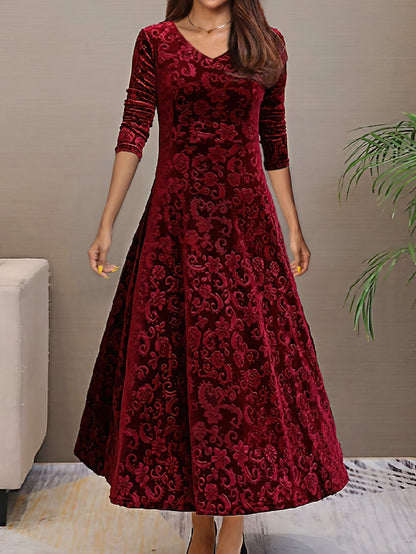 Elegante Grote Maten Herfstjurk met Bloemenprint – Fluweel & Katoen