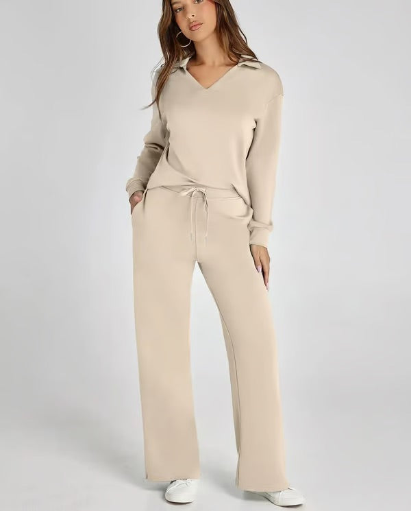 Damen Zweiteiliges Set mit V-Ausschnitt Sweatshirt und Weite Hose – Bequem & Stilvoll – Für Herbst/Winter