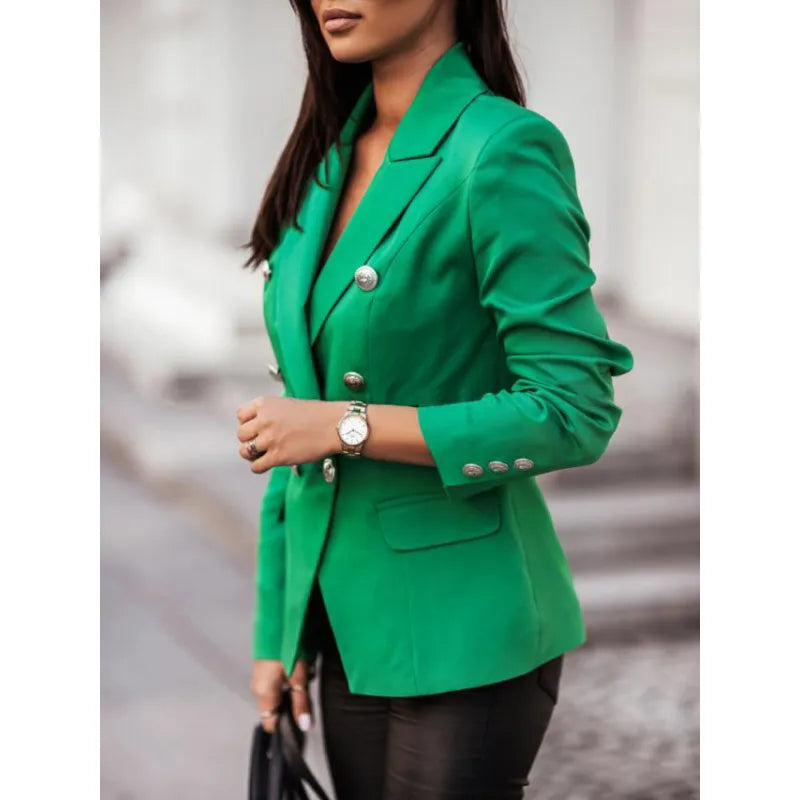Lange Elegante Damesblazer met Dubbele Knoopsluiting – Zakelijke Stijl voor Elk Seizoen