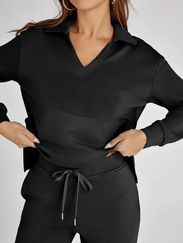 Damen Zweiteiliges Set mit V-Ausschnitt Sweatshirt und Weite Hose – Bequem & Stilvoll – Für Herbst/Winter