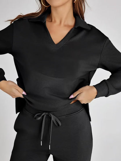 Damen Zweiteiliges Set mit V-Ausschnitt Sweatshirt und Weite Hose – Bequem & Stilvoll – Für Herbst/Winter