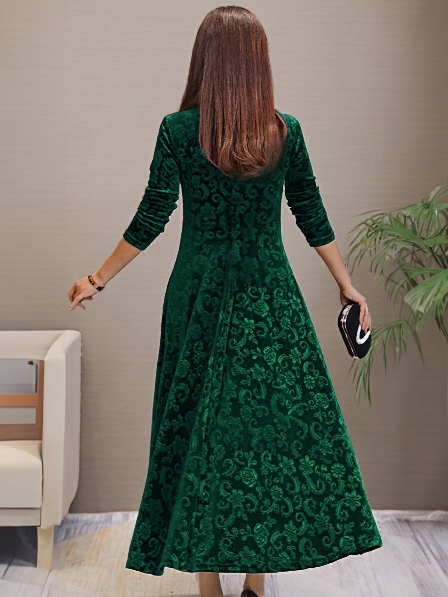 Elegante Grote Maten Herfstjurk met Bloemenprint – Fluweel & Katoen