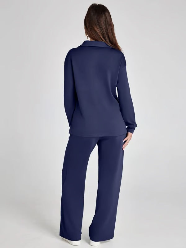 Damen Zweiteiliges Set mit V-Ausschnitt Sweatshirt und Weite Hose – Bequem & Stilvoll – Für Herbst/Winter