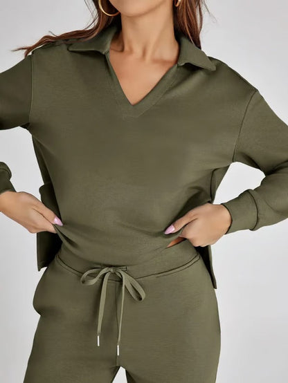 Damen Zweiteiliges Set mit V-Ausschnitt Sweatshirt und Weite Hose – Bequem & Stilvoll – Für Herbst/Winter