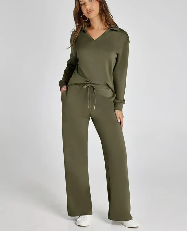 Damen Zweiteiliges Set mit V-Ausschnitt Sweatshirt und Weite Hose – Bequem & Stilvoll – Für Herbst/Winter