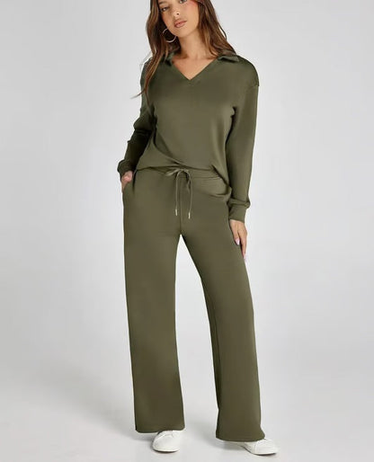 Damen Zweiteiliges Set mit V-Ausschnitt Sweatshirt und Weite Hose – Bequem & Stilvoll – Für Herbst/Winter