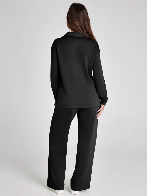 Damen Zweiteiliges Set mit V-Ausschnitt Sweatshirt und Weite Hose – Bequem & Stilvoll – Für Herbst/Winter