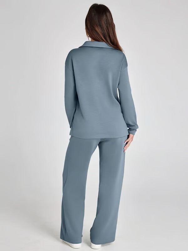 Damen Zweiteiliges Set mit V-Ausschnitt Sweatshirt und Weite Hose – Bequem & Stilvoll – Für Herbst/Winter