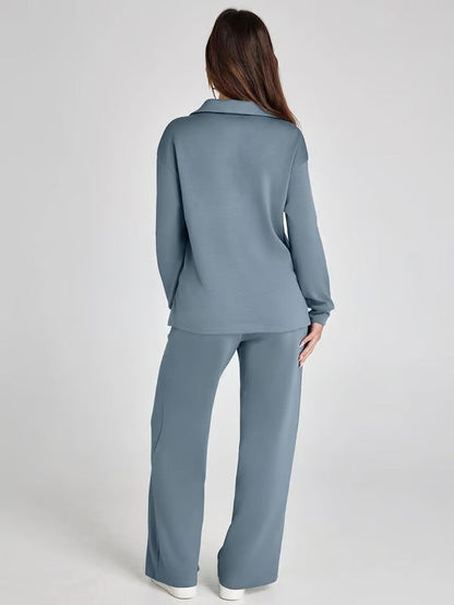 Damen Zweiteiliges Set mit V-Ausschnitt Sweatshirt und Weite Hose – Bequem & Stilvoll – Für Herbst/Winter