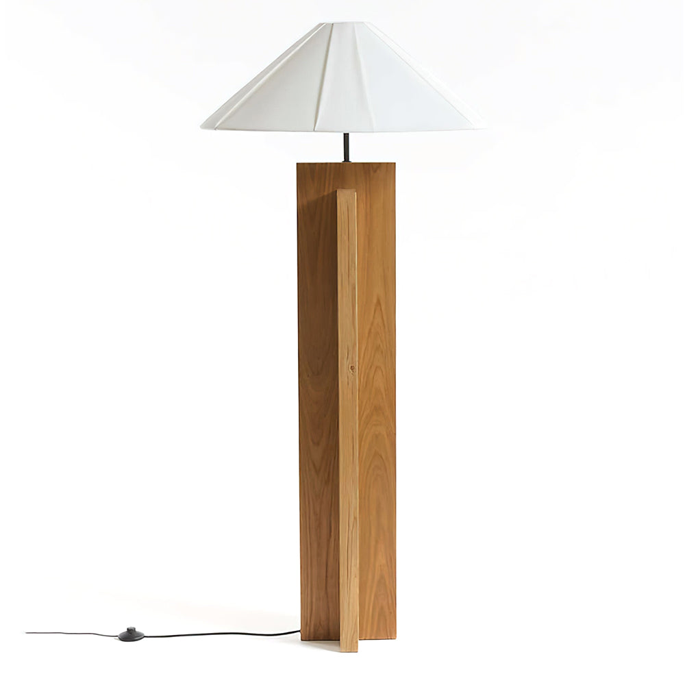 Crossbase Houten Vloerlamp – Minimalistisch Design met Natuurlijke Houten Basis en Witte Stoffen Lampenkap