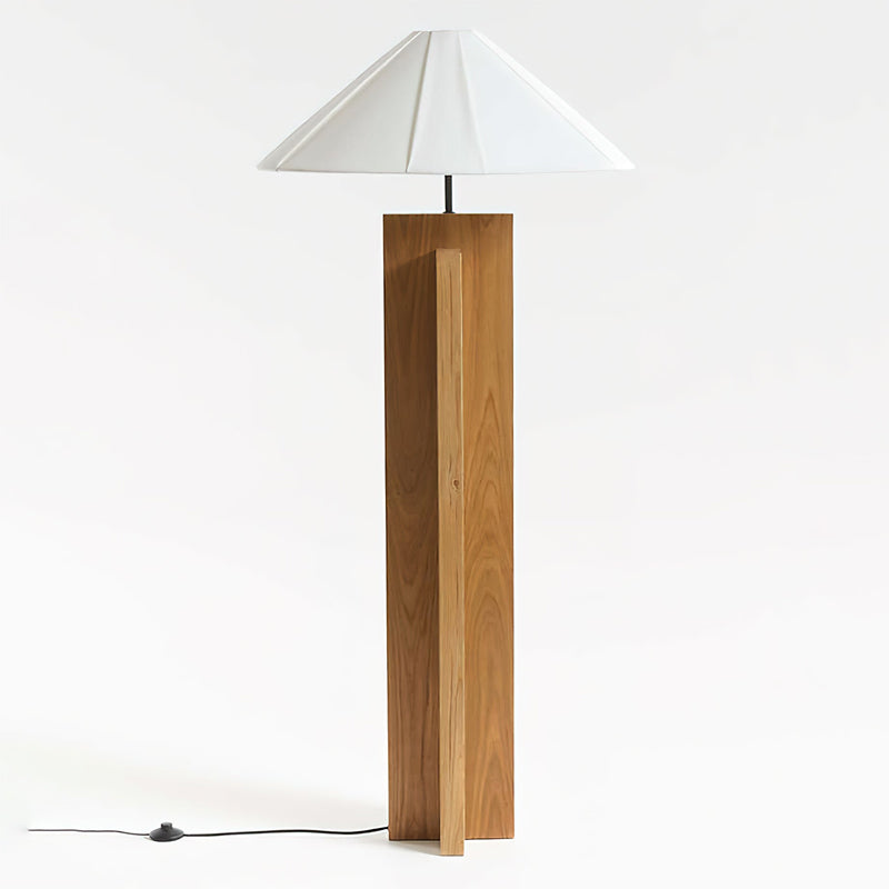 Crossbase Houten Vloerlamp – Minimalistisch Design met Natuurlijke Houten Basis en Witte Stoffen Lampenkap