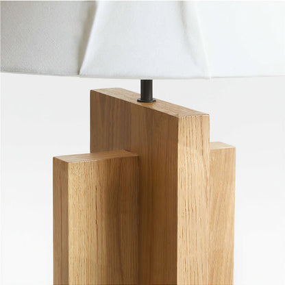 Crossbase Houten Vloerlamp – Minimalistisch Design met Natuurlijke Houten Basis en Witte Stoffen Lampenkap