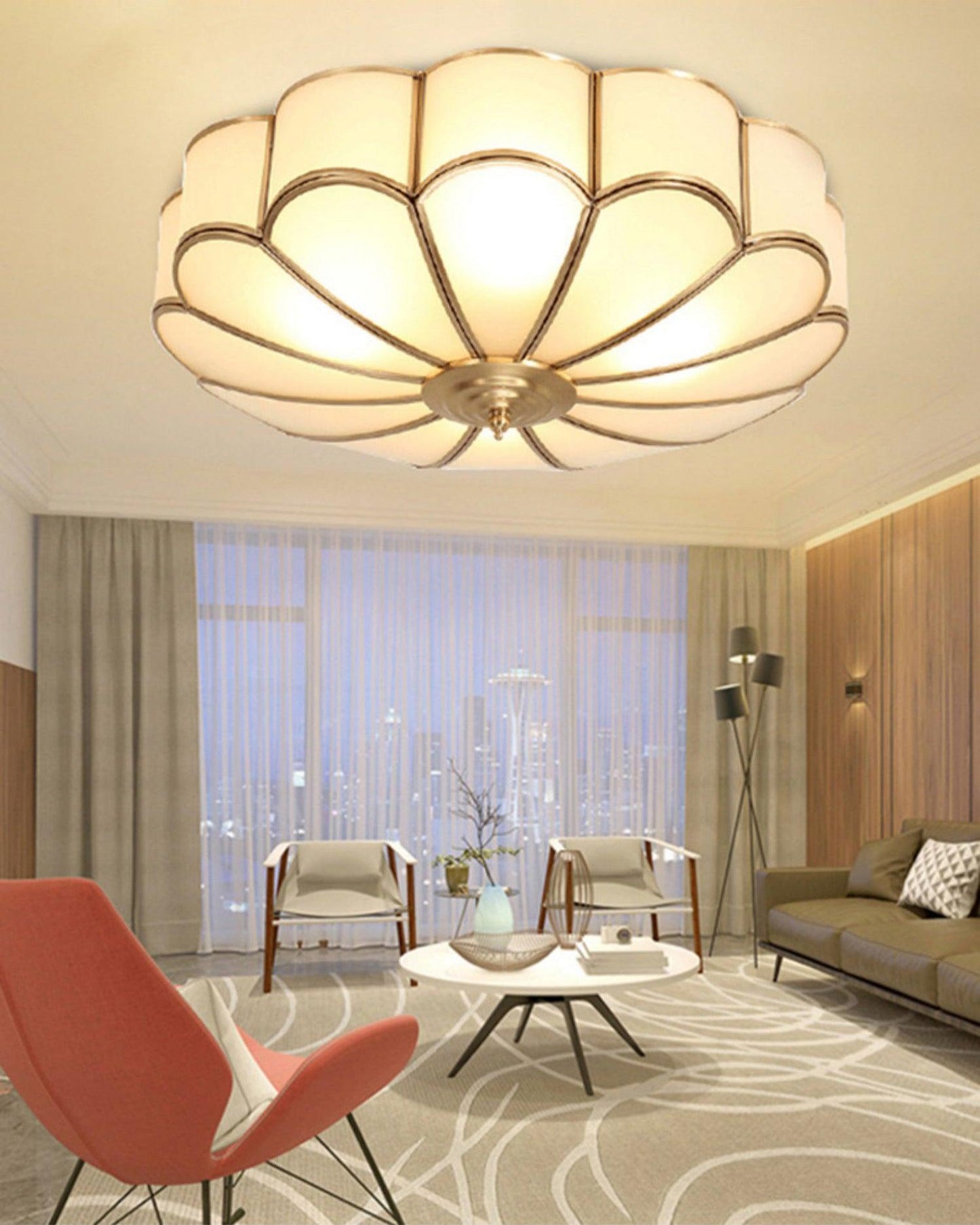 Inbouw Plafondlamp van Glas in Bloemvorm – Messing Afwerking met Luxe Postmoderne Stijl