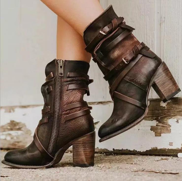 Damen Stiefeletten aus Leder – Lässiger Vintage-Look mit Schnallen und Blockabsatz