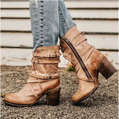 Damen Stiefeletten aus Leder – Lässiger Vintage-Look mit Schnallen und Blockabsatz