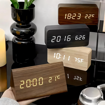 WakeyCue – Moderne digitale LED wekker van hout – Met alarm, temperatuur- en datumweergave