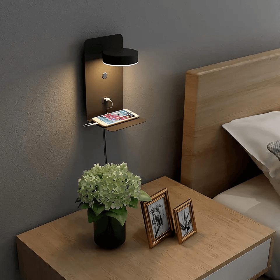 Nachtlamp met USB Oplader – 330° Draaibaar – Wandlamp met Plank