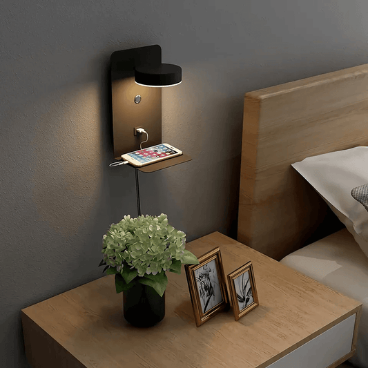 Nachtlamp met USB Oplader – 330° Draaibaar – Wandlamp met Plank