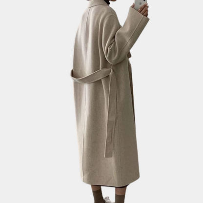 Lange Oversized Damesmantel van Wol – Dubbel Gerijgd met Ceintuur