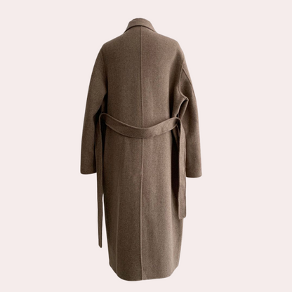 Lange Oversized Damesmantel van Wol – Dubbel Gerijgd met Ceintuur