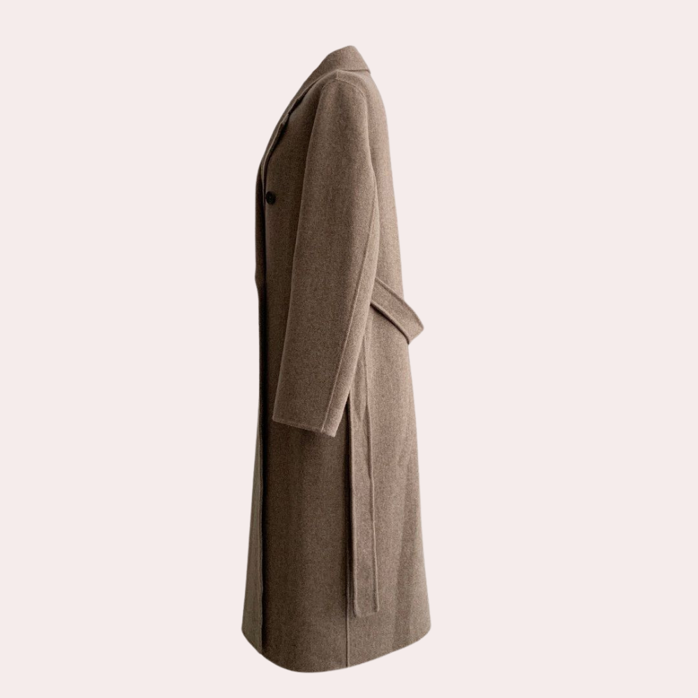 Lange Oversized Damesmantel van Wol – Dubbel Gerijgd met Ceintuur