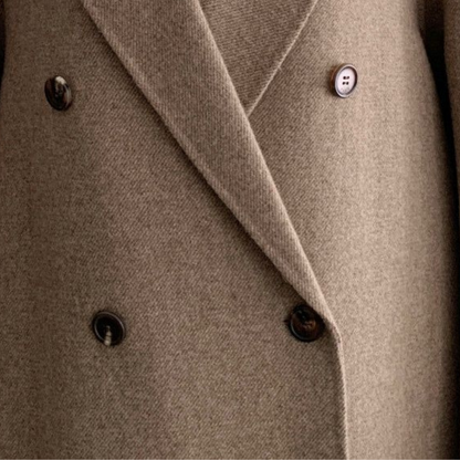 Lange Oversized Damesmantel van Wol – Dubbel Gerijgd met Ceintuur
