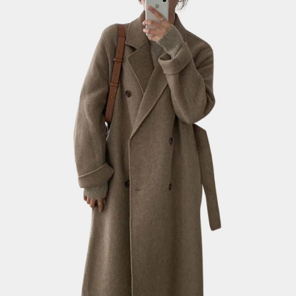 Lange Oversized Damesmantel van Wol – Dubbel Gerijgd met Ceintuur