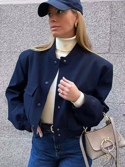 Dames Bomberjack met Zakken – Effen Kleur en Streetwear Stijl