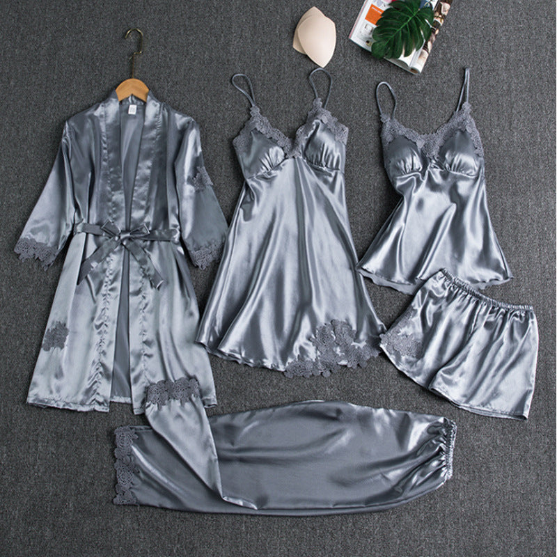 Luxe Satijnen Pyjama Set voor Dames – 4-Delig met Kimono, Shorts & Nachtjurk