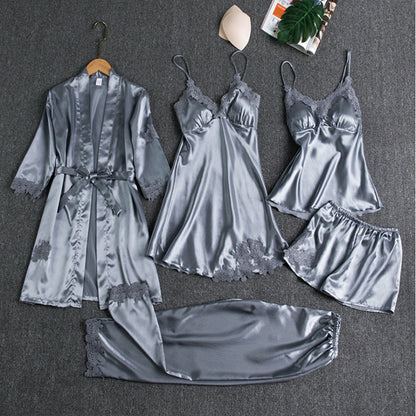Luxe Satijnen Pyjama Set voor Dames – 4-Delig met Kimono, Shorts & Nachtjurk