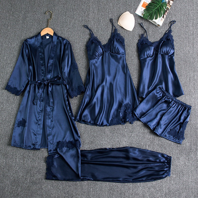Luxe Satijnen Pyjama Set voor Dames – 4-Delig met Kimono, Shorts & Nachtjurk