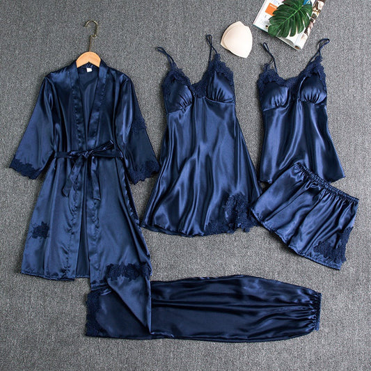 Luxe Satijnen Pyjama Set voor Dames – 4-Delig met Kimono, Shorts & Nachtjurk