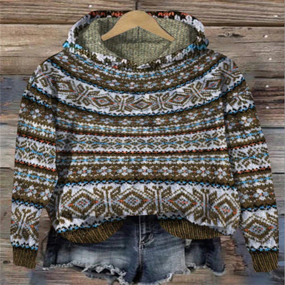 Dames gebreide hoodie met Noors patroon – Zachte warme trui met capuchon
