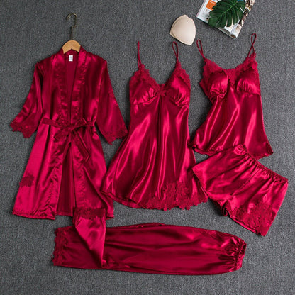Luxe Satijnen Pyjama Set voor Dames – 4-Delig met Kimono, Shorts & Nachtjurk