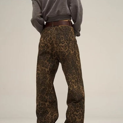 Damen Jeans Leopardenmuster | Hohe Taille Gerade Beine