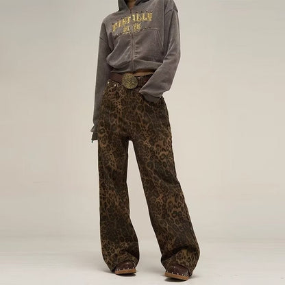 Damen Jeans Leopardenmuster | Hohe Taille Gerade Beine