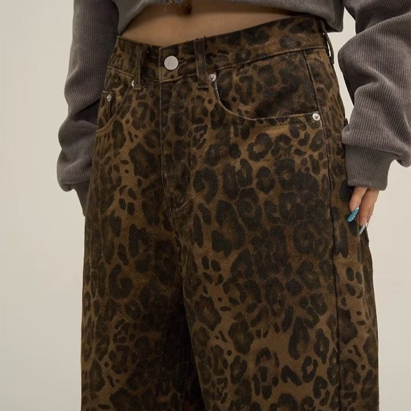 Damen Jeans Leopardenmuster | Hohe Taille Gerade Beine