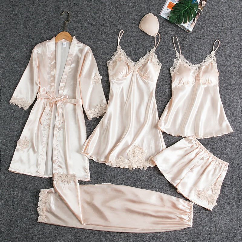 Luxe Satijnen Pyjama Set voor Dames – 4-Delig met Kimono, Shorts & Nachtjurk