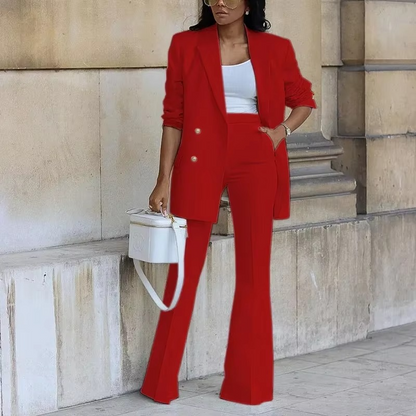 Eleganter Damenblazer mit Knopfverschluss & ausgestellte Hose – Zweiteiliges Set für jede Jahreszeit