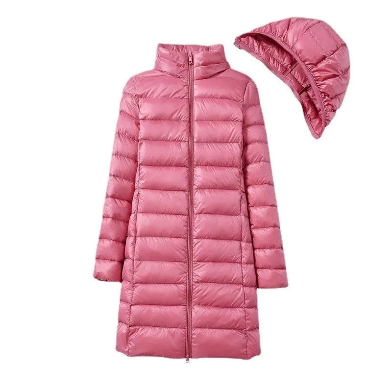Lange Dames Donsjas met Afneembare Capuchon – Lichtgewicht & Warm