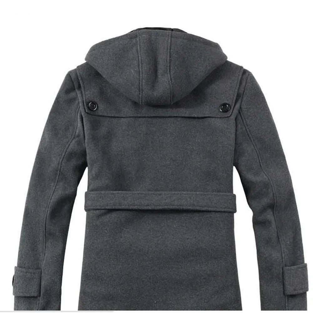 Herren-Trenchcoat mit Kapuze – Wollmischung, Kunstpelz gefüttert, einreihiges Design