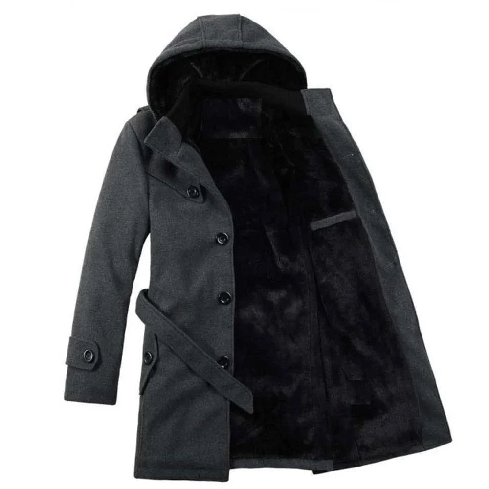 Herren-Trenchcoat mit Kapuze – Wollmischung, Kunstpelz gefüttert, einreihiges Design