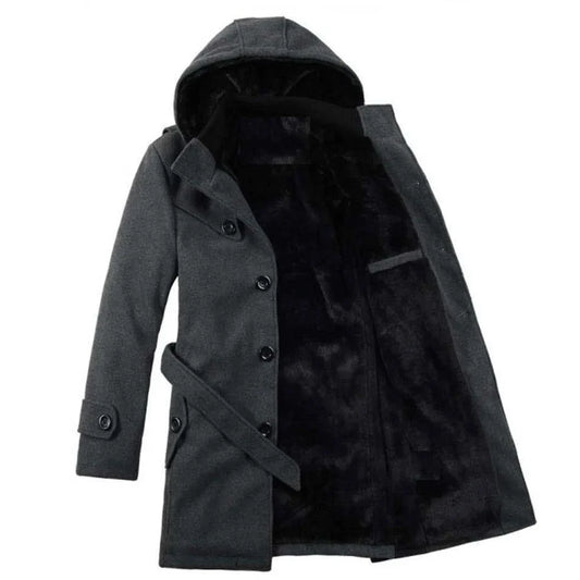 Herren-Trenchcoat mit Kapuze – Wollmischung, Kunstpelz gefüttert, einreihiges Design